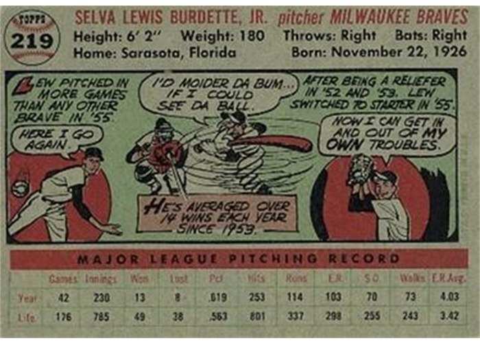 1956 Topps #219 Lew Burdette (back)