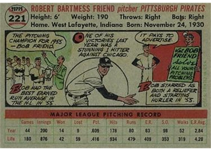 1956 Topps #221 Bob Friend (back)