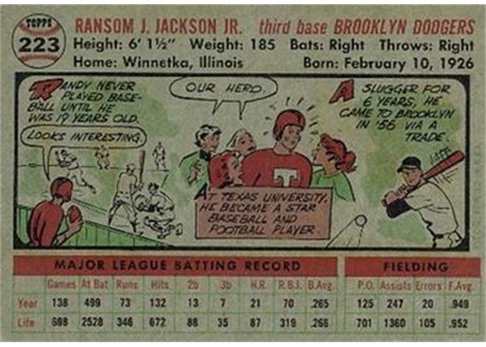1956 Topps #223 Randy Jackson (back)