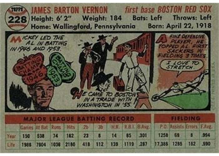 1956 Topps #228 Mickey Vernon (back)