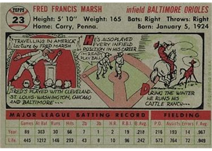 1956 Topps #23 Fred Marsh (back)
