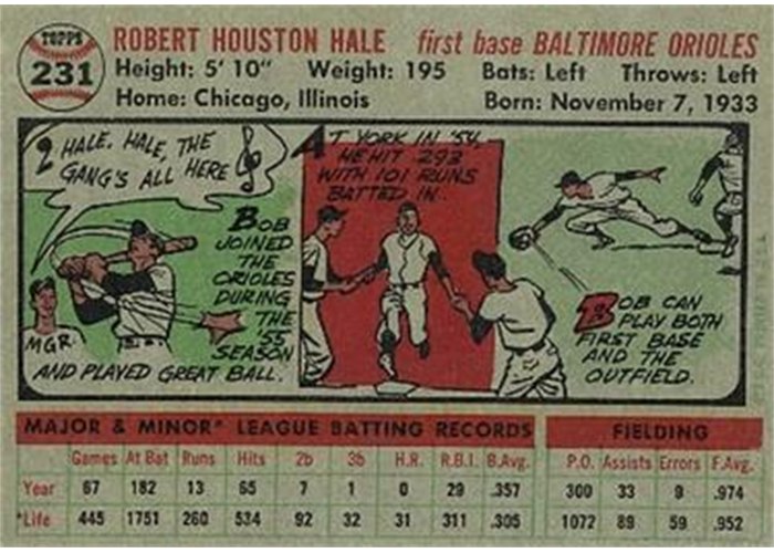 1956 Topps #231 Bob Hale (back)