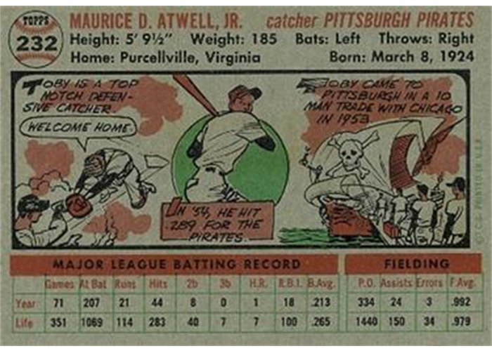 1956 Topps #232 Toby Atwell (back)