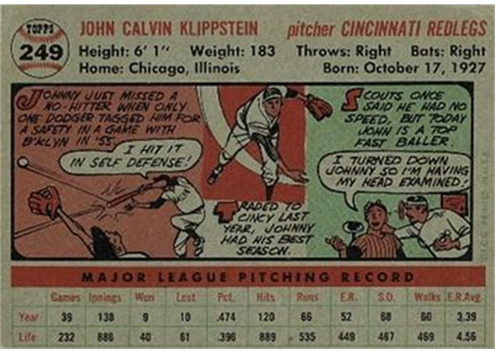 1956 Topps #249 Johnny Klippstein (back)