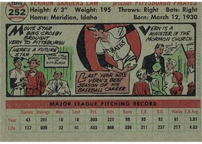 1956 Topps #252 Vern Law (back)