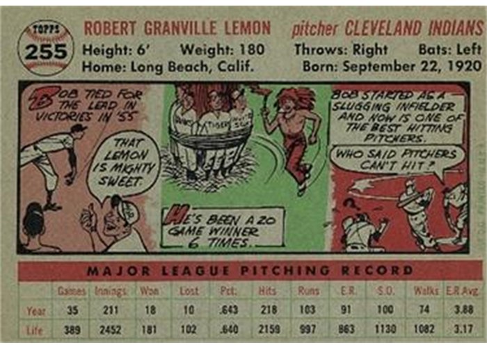 1956 Topps #255 Bob Lemon (back)