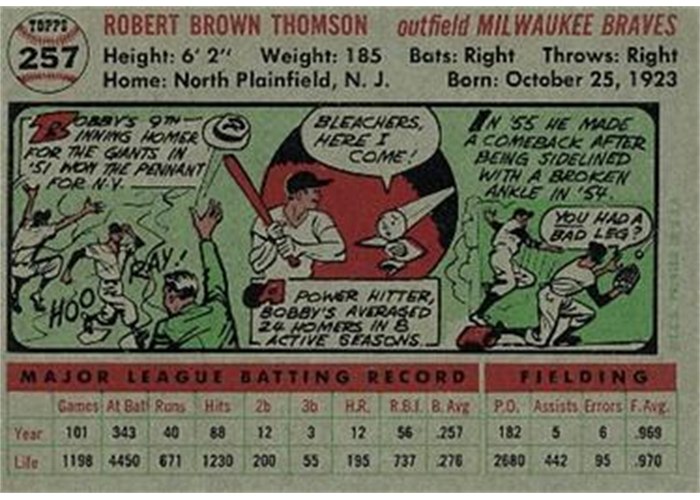 1956 Topps #257 Bobby Thomson (back)