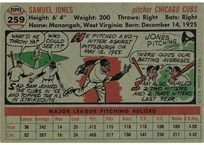 1956 Topps #259 Sam Jones (back)