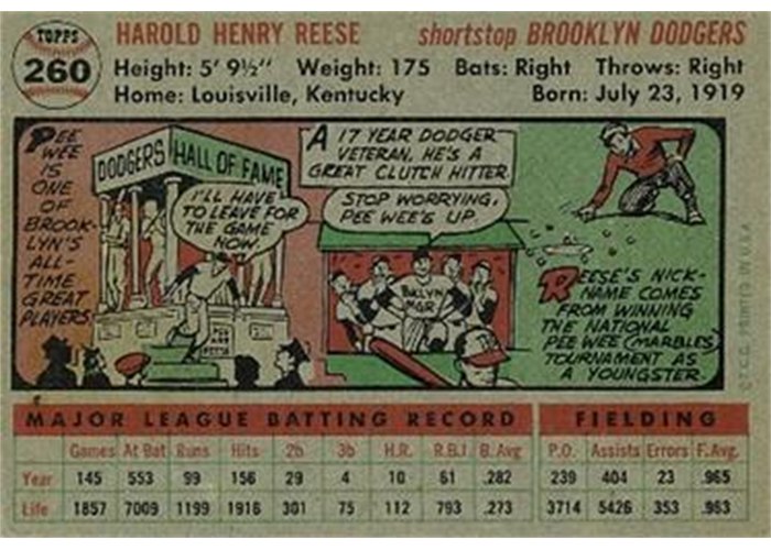 1956 Topps #260 Pee Wee Reese (back)