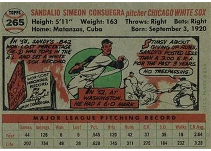1956 Topps #265 Sandy Consuegra (back)