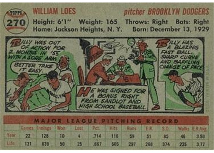 1956 Topps #270 Billy Loes (back)