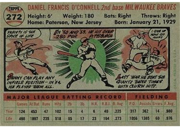 1956 Topps #272 Danny O'Connell (back)
