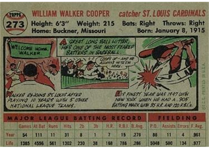 1956 Topps #273 Walker Cooper (back)