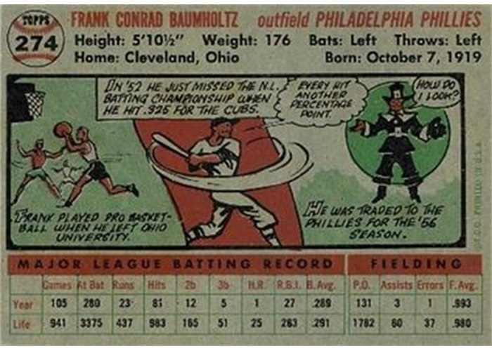 1956 Topps #274 Frank Baumholtz (back)