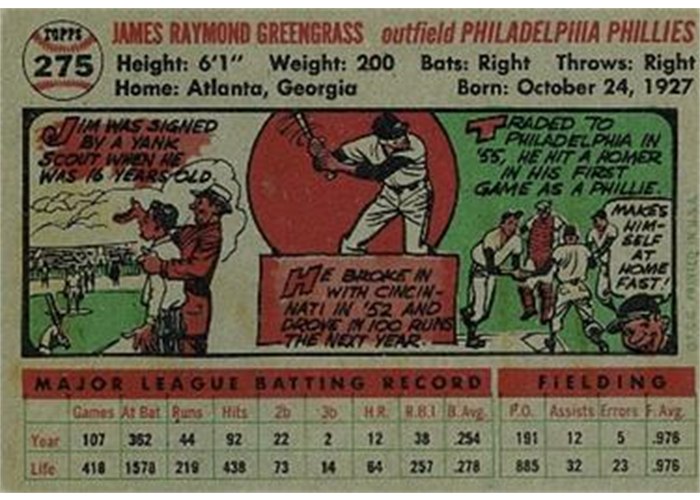 1956 Topps #275 Jim Greengrass (back)