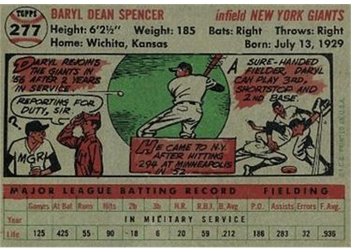 1956 Topps #277 Daryl Spencer (back)