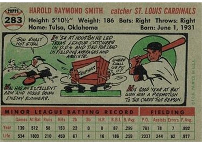 1956 Topps #283 Hal Smith (back)