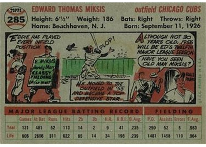 1956 Topps #285 Eddie Miksis (back)