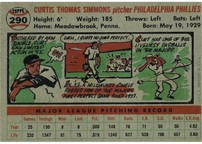 1956 Topps #290 Curt Simmons (back)