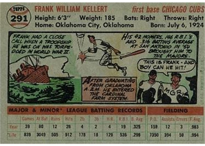 1956 Topps #291 Frank Kellert (back)