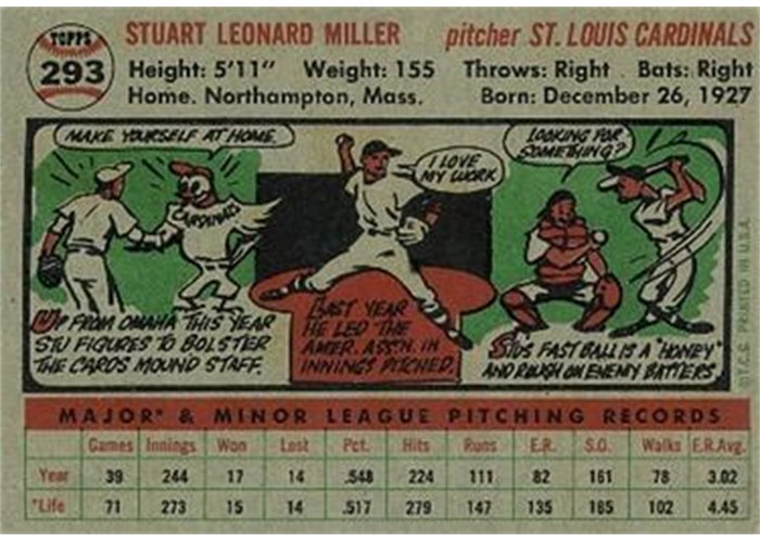 1956 Topps #293 Stu Miller (back)
