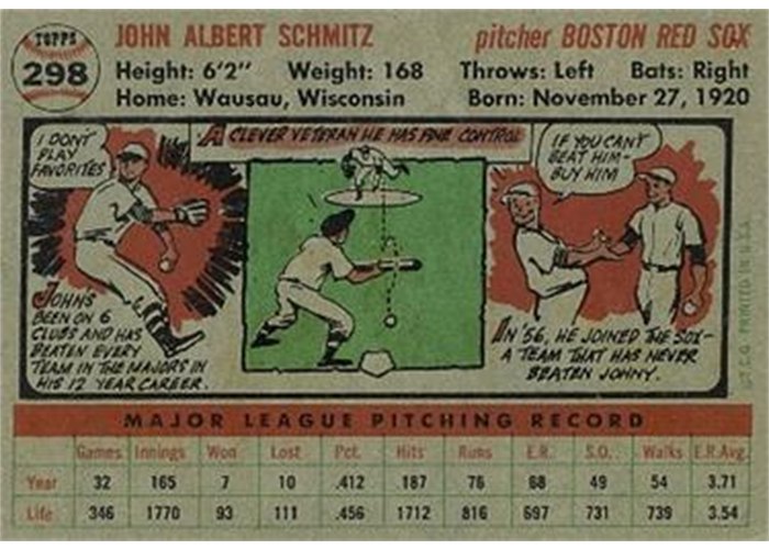 1956 Topps #298 Johnny Schmitz (back)