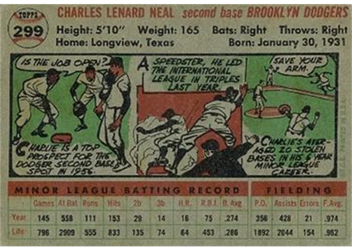 1956 Topps #299 Charlie Neal (back)
