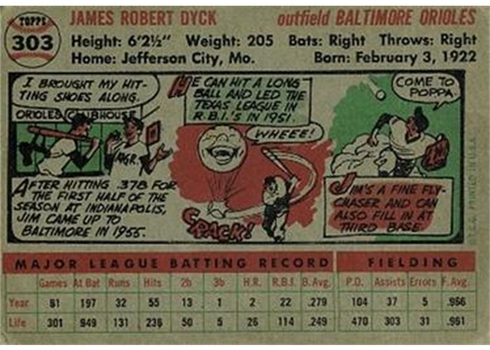 1956 Topps #303 Jim Dyck (back)