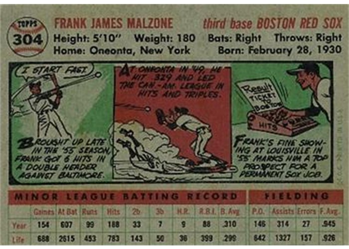 1956 Topps #304 Frank Malzone (back)