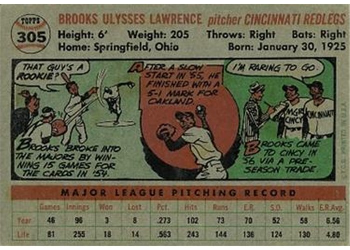 1956 Topps #305 Brooks Lawrence (back)