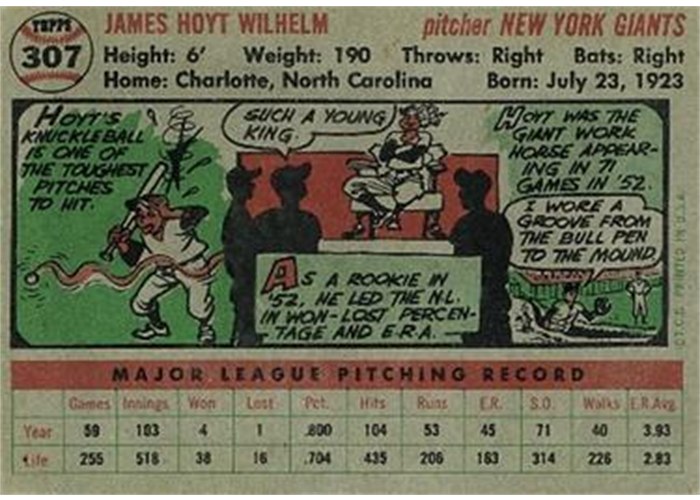 1956 Topps #307 Hoyt Wilhelm (back)