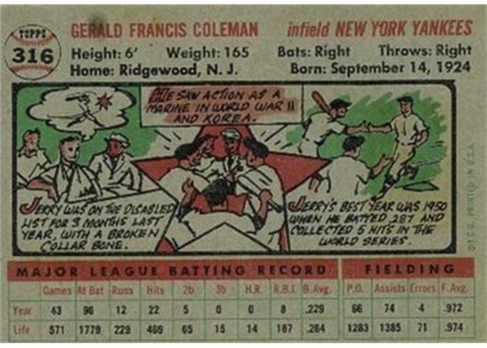 1956 Topps #316 Jerry Coleman (back)