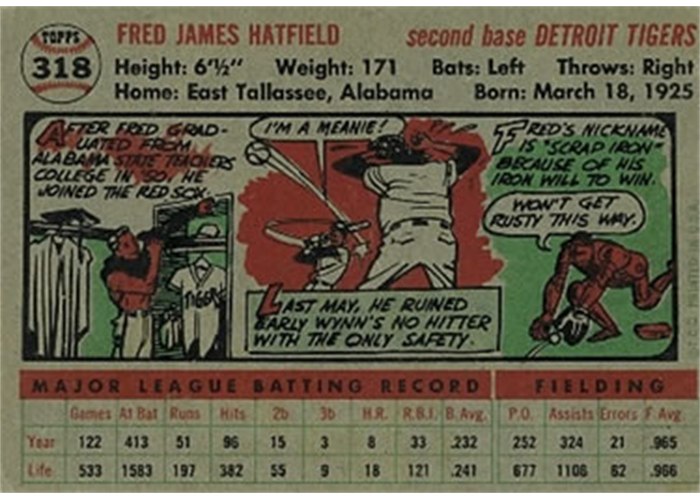1956 Topps #318 Fred Hatfield (back)
