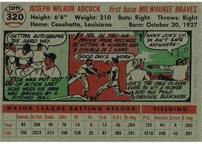 1956 Topps #320 Joe Adcock (back)