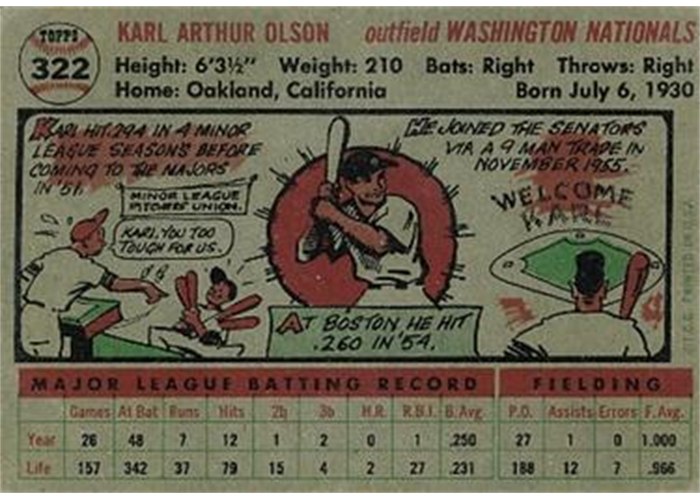 1956 Topps #322 Karl Olson (back)