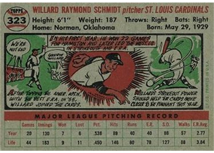 1956 Topps #323 Willard Schmidt (back)