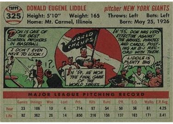 1956 Topps #325 Don Liddle (back)