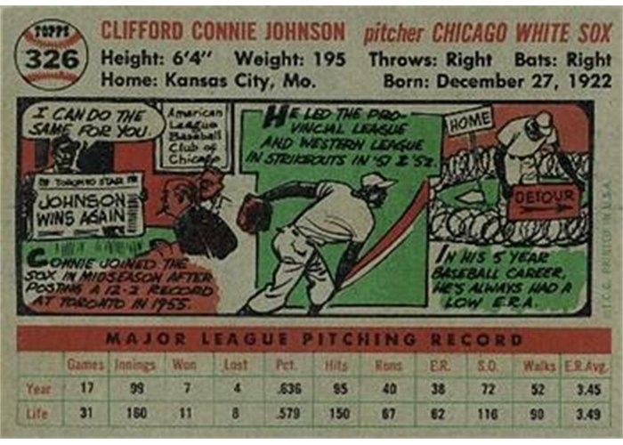1956 Topps #326 Connie Johnson (back)