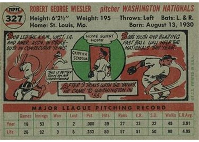 1956 Topps #327 Bob Wiesler (back)