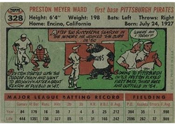 1956 Topps #328 Preston Ward (back)