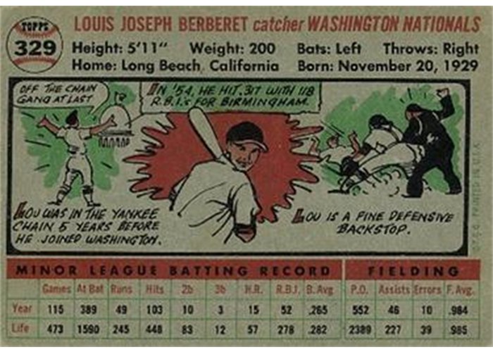 1956 Topps #329 Lou Berberet (back)