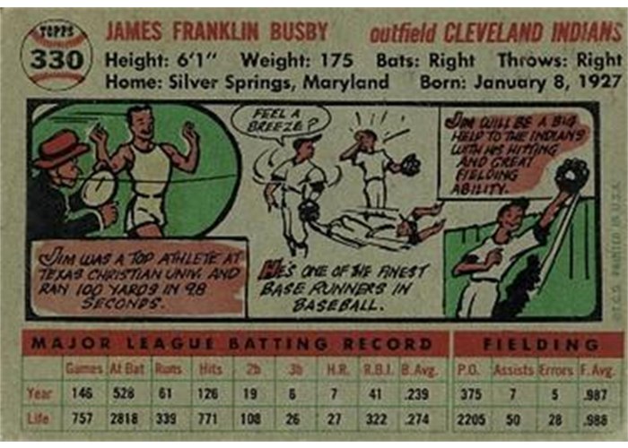 1956 Topps #330 Jim Busby (back)