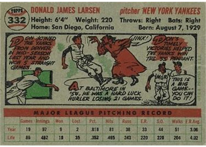 1956 Topps #332 Don Larsen (back)