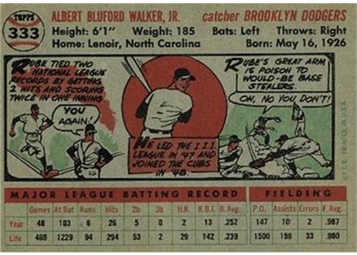 1956 Topps #333 Rube Walker (back)