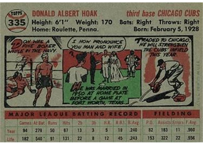 1956 Topps #335 Don Hoak (back)