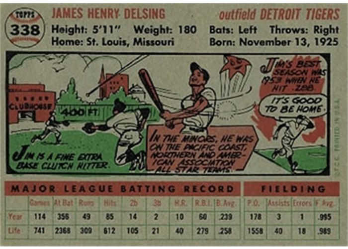 1956 Topps #338 Jim Delsing (back)