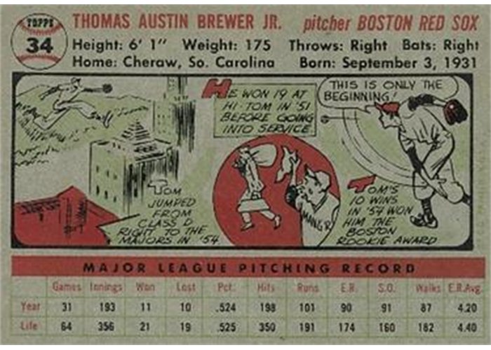1956 Topps #34 Tom Brewer (back)