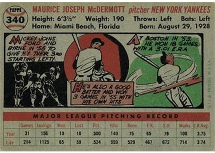1956 Topps #340 Mickey McDermott (back)