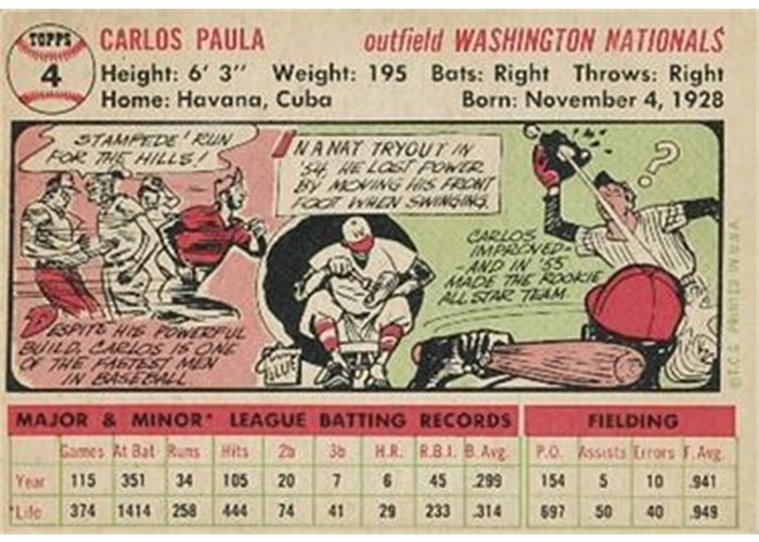 1956 Topps #4 Carlos Paula (back)