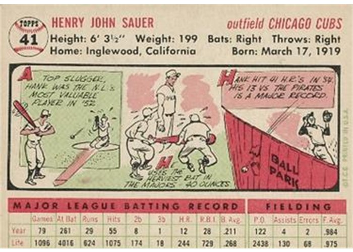 1956 Topps #41 Hank Sauer (back)